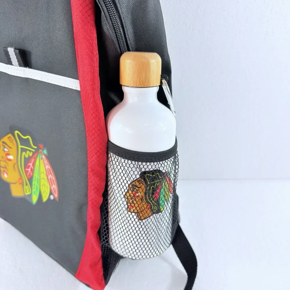 Chicago Blackhawks Backpack School Bag Mini Hockey Stick & Water Bottle Bundle